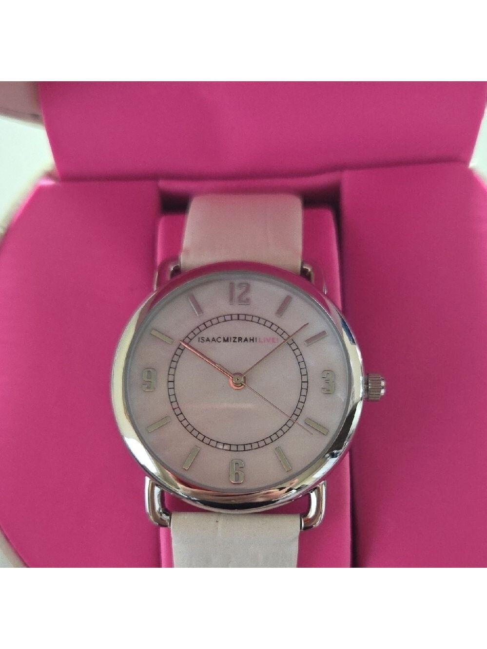 Isaac Mizrahi Silver MOP Dial Leather Band Watch Mob Wife